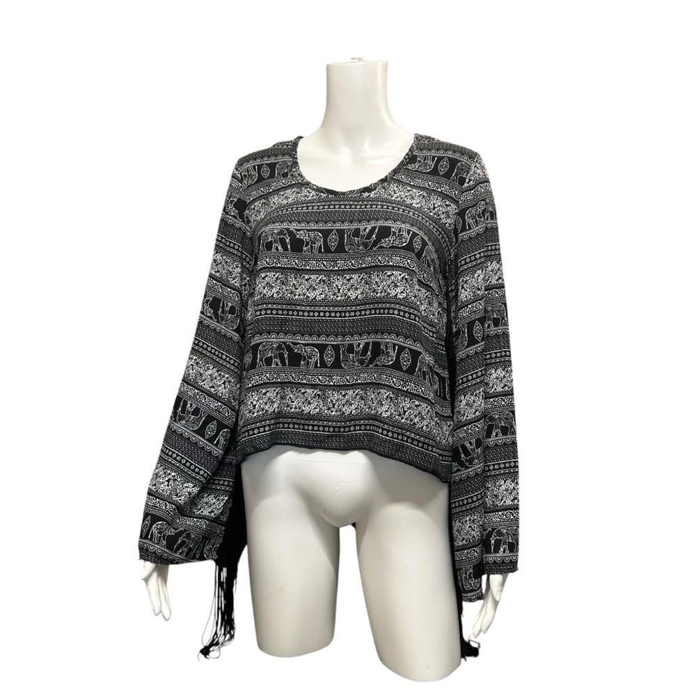 See You Monday Elephant Pattern High Low Fringed Sleeve Blouse Size M